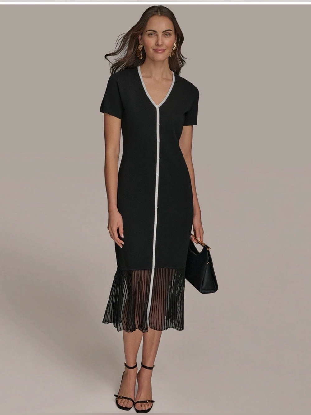 NWT Donna Karan Women’s Mixed Media Midi Dress. SMALL. Black/Cream.